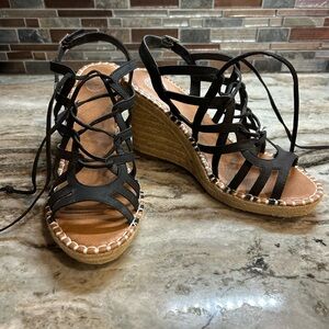 Black and Tan Gladiator Wedge Sandals
